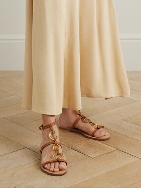 AMANU The Bazaruto Embellished Leather Sandals Cognac Gold Size 40 / 10 NWT